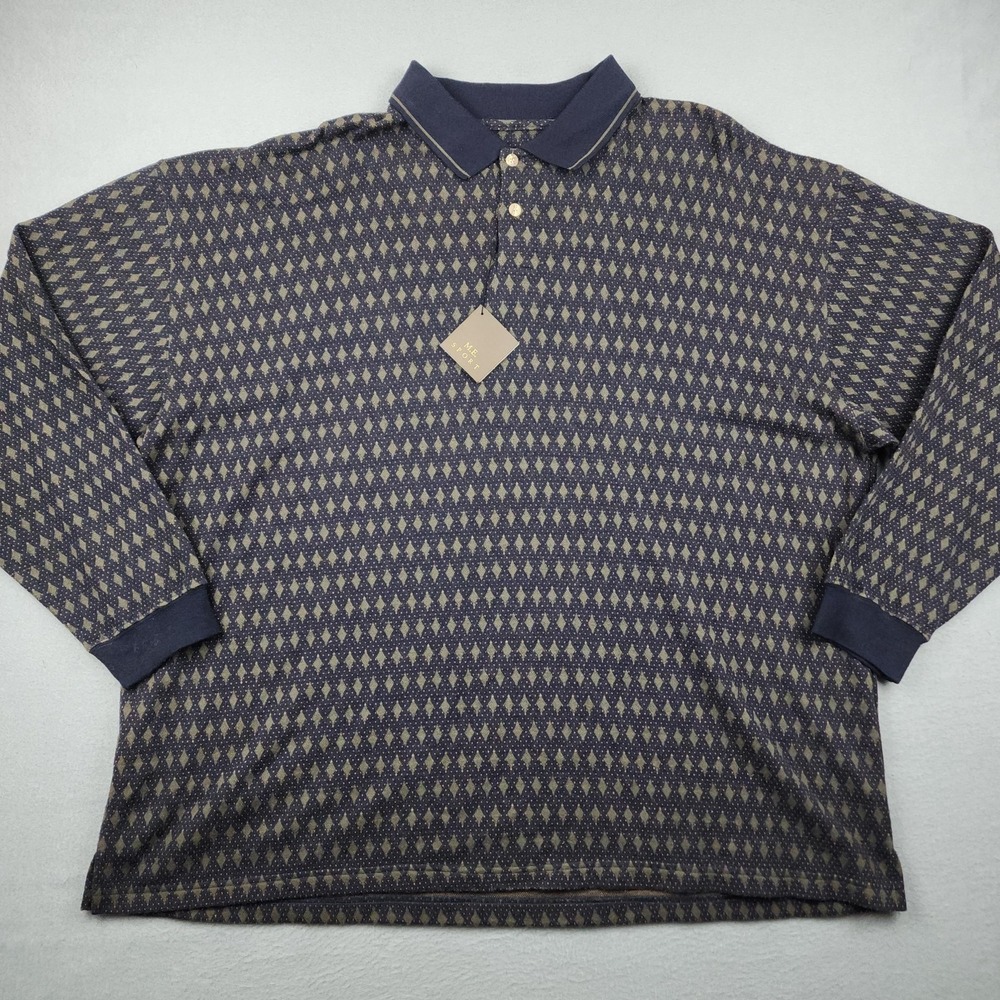 M.E. Sport Polo Shirt Mens 3X Blue Argyle Diamond Knit Long Sleeve Big & Tall